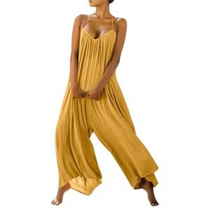 Yellow Halter Neck Backless Wide Leg Jumpsuit